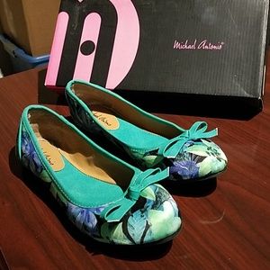 Michael Antonio, Teal Flower Satin Flats, Size 6